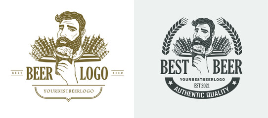 Hand-drawn hipster man with a mustache, beard with beer. Vector beer logo. Stickers. Vector logo design template. Beer, ale or drink, beverage icon