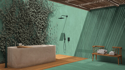 Minimalist bathroom in turquoise tones, japanese zen style, exterior eco garden with ivy, limestone walls and wooden floor, bamboo ceiling. Bathtub and shower. Modern interior design