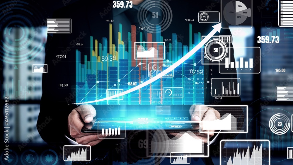 Poster double exposure image of business and finance conceptual - businessman with report chart up forward 