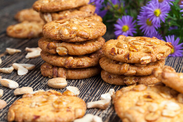 wheat-oatmeal cookies with peanuts, closeup