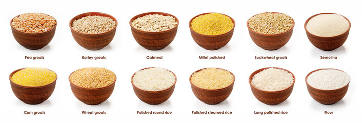 Set of different groats  in one panorama. High quality photo. Barley, pea, buckwheat, rice, flour, oatmeal, corn/wheat groat, pearl barley, millet polished, semolina.