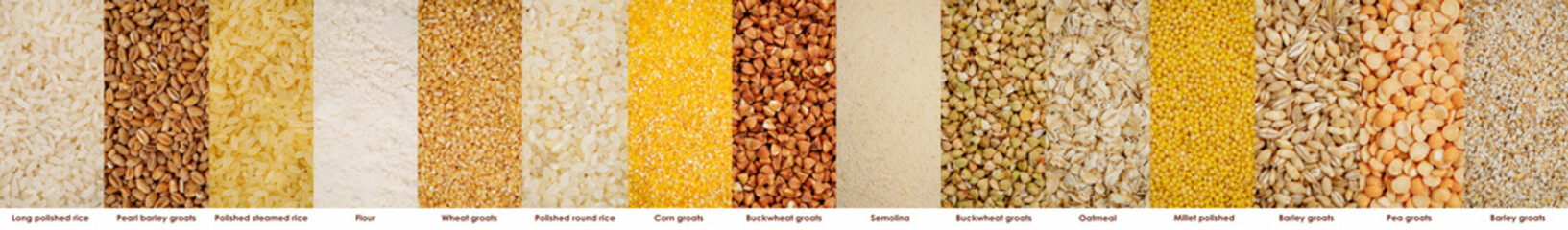 Set of different groats  in one panorama. High quality photo. Barley, pea, buckwheat, rice, flour, oatmeal, corn/wheat groat, pearl barley, millet polished, semolina.