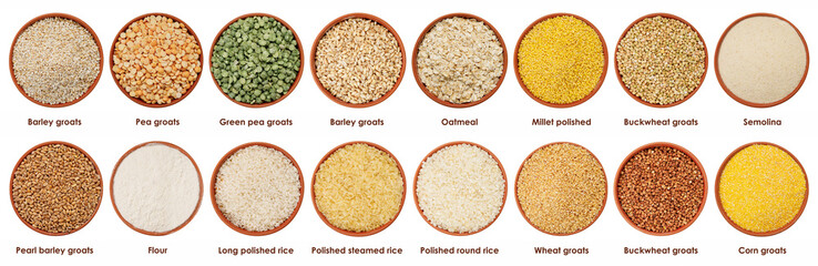 Set of different groats  in one panorama. High quality photo. Barley, pea, buckwheat, rice, flour, oatmeal, corn/wheat groat, pearl barley, millet polished, semolina.