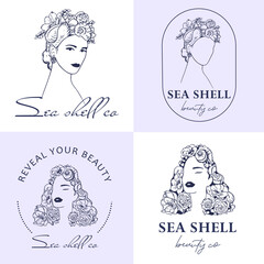 Vector Boho woman logo. Head with seashell, flowers, bonnet. Illustration in vintage style, for beauty center, fashion studio,  salon, and cosmetics.