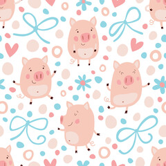 Seamless pattern with funny and cute pigs.