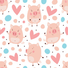 Seamless pattern with funny and cute pigs.