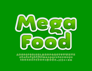 Vector bright Emblem Mega Food. Sticker style Font. Green Creative Alphabet Letters and Numbers set
