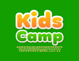 Vector funny emblem Kids Camp with modern Alphabet Letters, Numbers and Symbols set. Bright Yellow Font