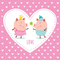 Cute postcard with pigs. Romantic concept. Funny pigs.