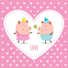 Cute postcard with pigs. Romantic concept. Funny pigs.
