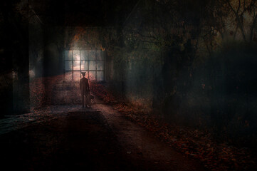 Fantasy dreamlike photo manipulation showing lost little girl in abandoned building looking through...