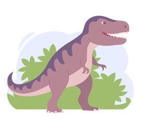 Tyrannosaurus rex on the background of wildlife. Predatory dinosaur hunter of the Jurassic period. Vector cartoon isolated illustration. White background