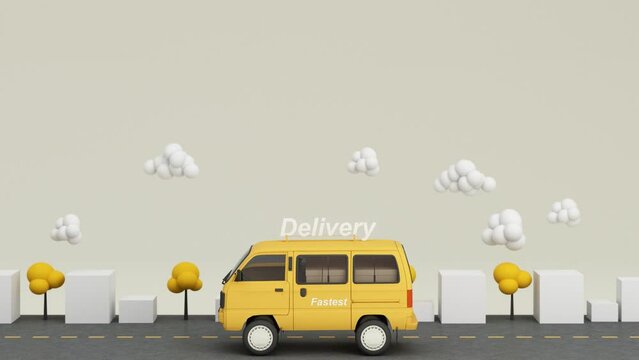 E-commerce concept, Delivery service on mobile application, Transportation delivery by Vans and trucks on the road, with house box and tree and cloud low poly, yellow tone 3d rendering animation