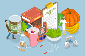 3D Isometric Flat Vector Conceptual Illustration of Diabetes Diet, Healthy Balanced Eating Program
