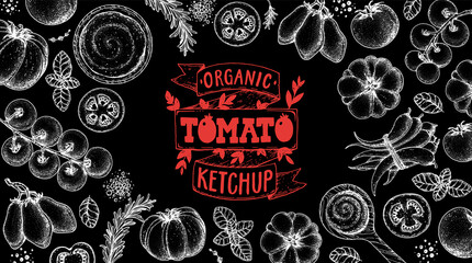 Tomato sauce, ketchup cooking and ingredients frame. Hand drawn sketch, vector illustration. Homemade tomato sauce, design elements. Hand drawn package design.