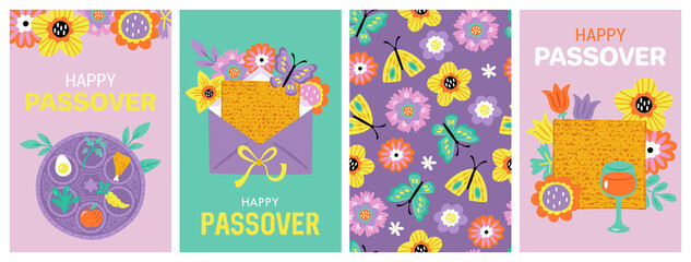 Passover holiday cute greeting card set. Childish print for Pesach cards, poster, banner and background