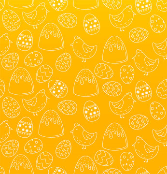 Cute hand drawn easter seamless pattern with chick, Easter cake, easter eggs on yellow background, great for easter cards, banners, textiles, wallpapers - vector image
