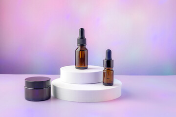 cosmetic containers on the catwalk on a color gradient background