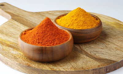 indian spice turmeric powder and turmeric roots,red chilly powder with red chilly