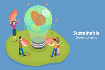 3D Isometric Flat Vector Conceptual Illustration of Sustainable Development, Ecological Improvement and Environmental Protection