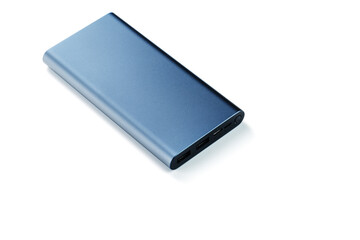 Blue Power Bank for charging mobile devices isolated on white background