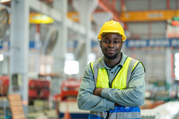 Portrait of African American male worker wearing safety vest with yellow helmet standing arms crossed in factory