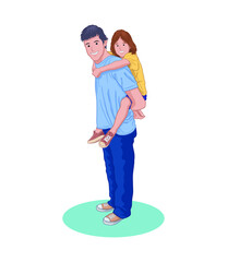 Happy father carry his son on his back cartoon vector illustration.