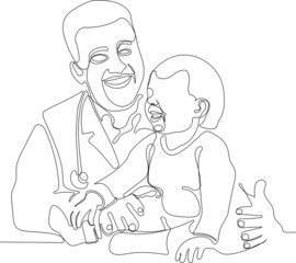 Single continuous line drawing of young male pediatric doctor examining heart beat of cute toddler patient with stethoscope. Medical health care treatment concept one line draw design