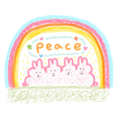 peace　平和なウサギと虹のイメージイラスト　手描き
