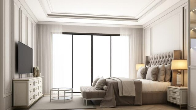interior design modern classic style of bedroom with white wood and gold steel texture and gray furniture bed set 3d rendering interior, animation