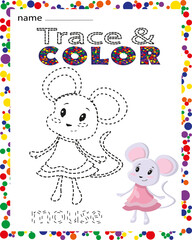 Mouse character vector illustration. Trace line and color page game for kids. Preschool or kindergarten tracing worksheet with dashed lines for practicing fine motor skills.Handwriting practice sheet