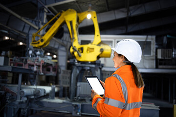 Woman worker wearing safety reflective equipment and controlling robot machine to assemble...