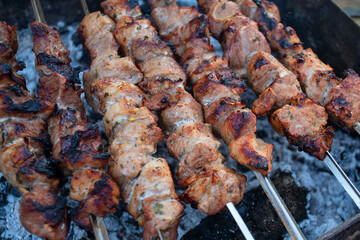 Shashlyk preparing on a barbecue grill over charcoal