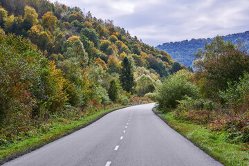 Mountain curved roadway in forest in day in spring or autumn. Landscape with empty asphalt road through woods. Travel concept