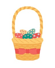 A wicker basket with colorful Easter eggs decorated with a red bow. Vector illustration in a flat style.