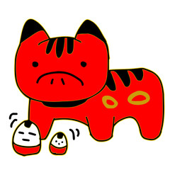 会津の民芸品のイラスト（赤ベコ、起き上がり小法師）