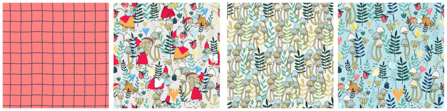 Seamless patterns set with funny female gnome gathering berries, mushrooms, flowers. Fairy tale elf girls in red hats and wooden shoes in the forest. Vector illustration for children