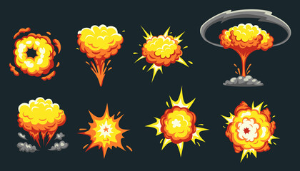 Cartoon explosion. Bomb and dynamite explode effect, gameplay element. Vector isolated set