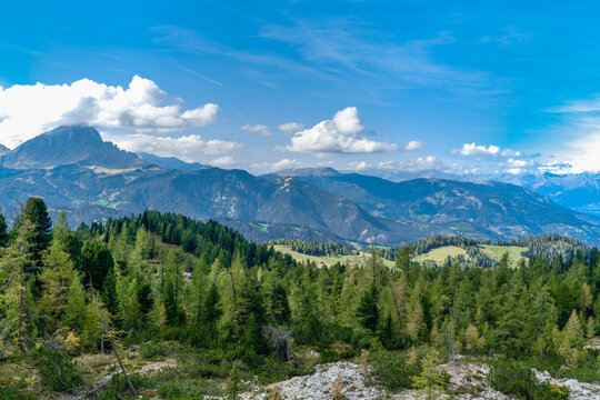 Overlooking the Puez-Geisler nature park mountains in the Dolomites