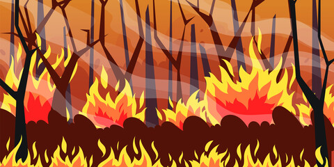 Natural fire. Cartoon burning forest nature disaster, flames on spruce trees and bushes. Vector cataclysm illustration