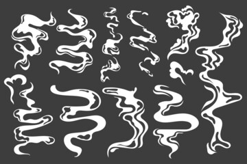 Steam vapor effect. Cartoon cigarette curly smoke, fog and steam comic design. Vector isolated set