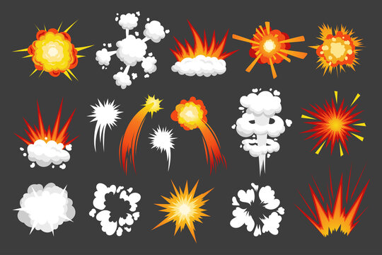 Cartoon strike effect. White hit impact and explosion comic effect. Vector sound wave and smoke isolated set