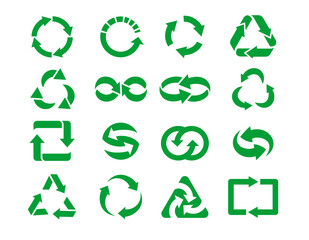 Recycle green icons. Reusable products, zero waste green bio energy symbols with circle arrows