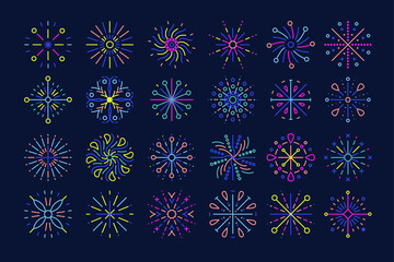 Line firework icons. Outline colorful flat celebration pyrotechnics pictograms. Vector set