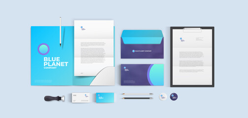 Stationery design realistic mockup. Blue and violet identity style. Modern bright colorful branding elements: business card, A4 letter, envelope and folder. Round minimalistic logo sign with bold text