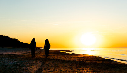 Silhouette of people walking on sandy beach while sunset