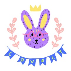 Bunny on a white background in glasses with a crown in a hand-drawn style