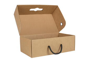 Open cardboard box with a handle on a white background for packing shoes, things, gifts and transportation. Side view, isolated