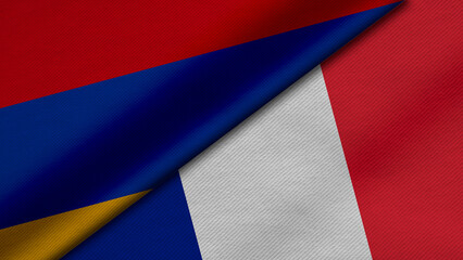 3D Rendering of two flags from Republic of Armenia and French Republic together with fabric texture, bilateral relations, peace and conflict between countries, great for background