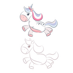 Vector hand drawn illustration of flying unicorn horse with rainbow hair isolated on white background